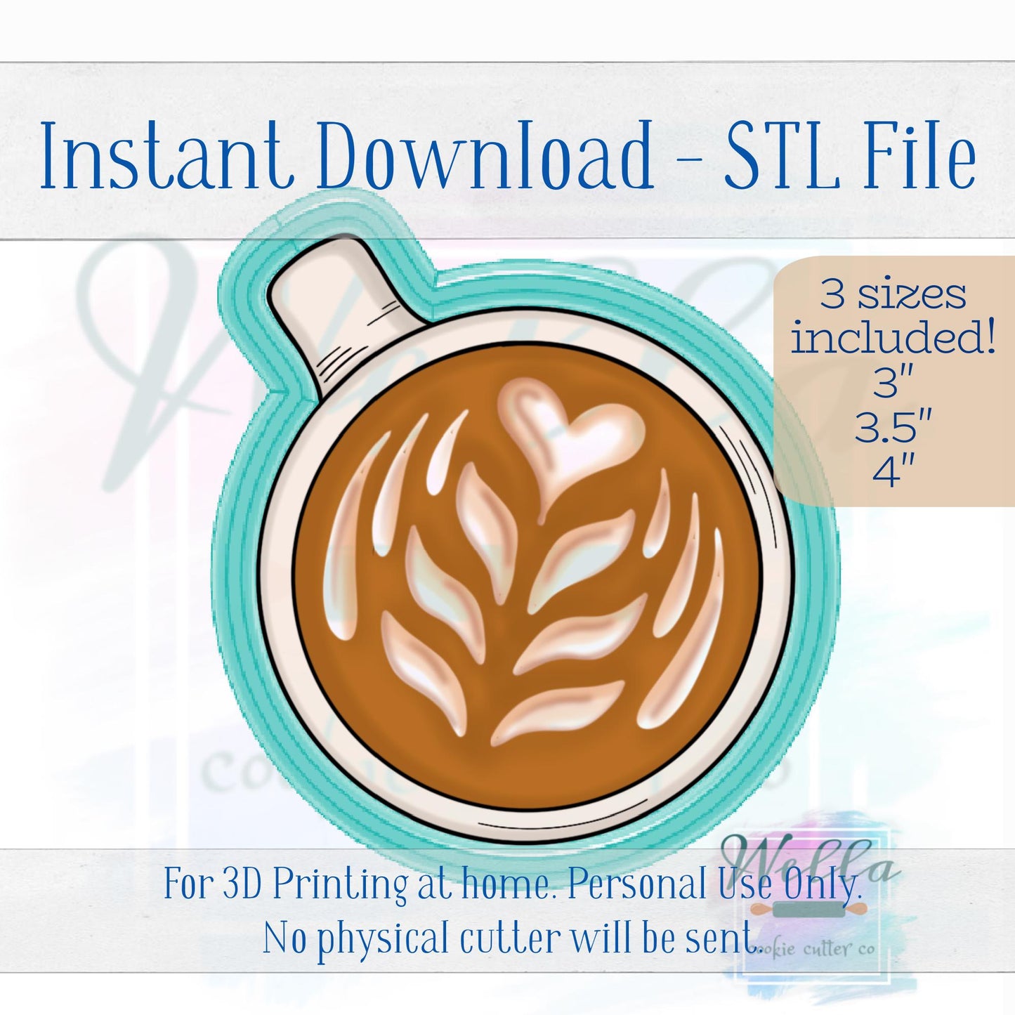 Digital STL File - Coffee Cup Top View Cookie Cutter - 3 Sizes: 3" 3.5" & 4"