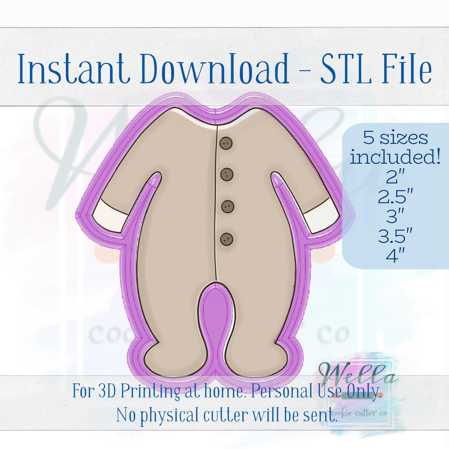 Digital STL File - Baby PJ's Cookie Cutter - 5 Sizes Included 2" 2.5" 3" 3.5" & 4"