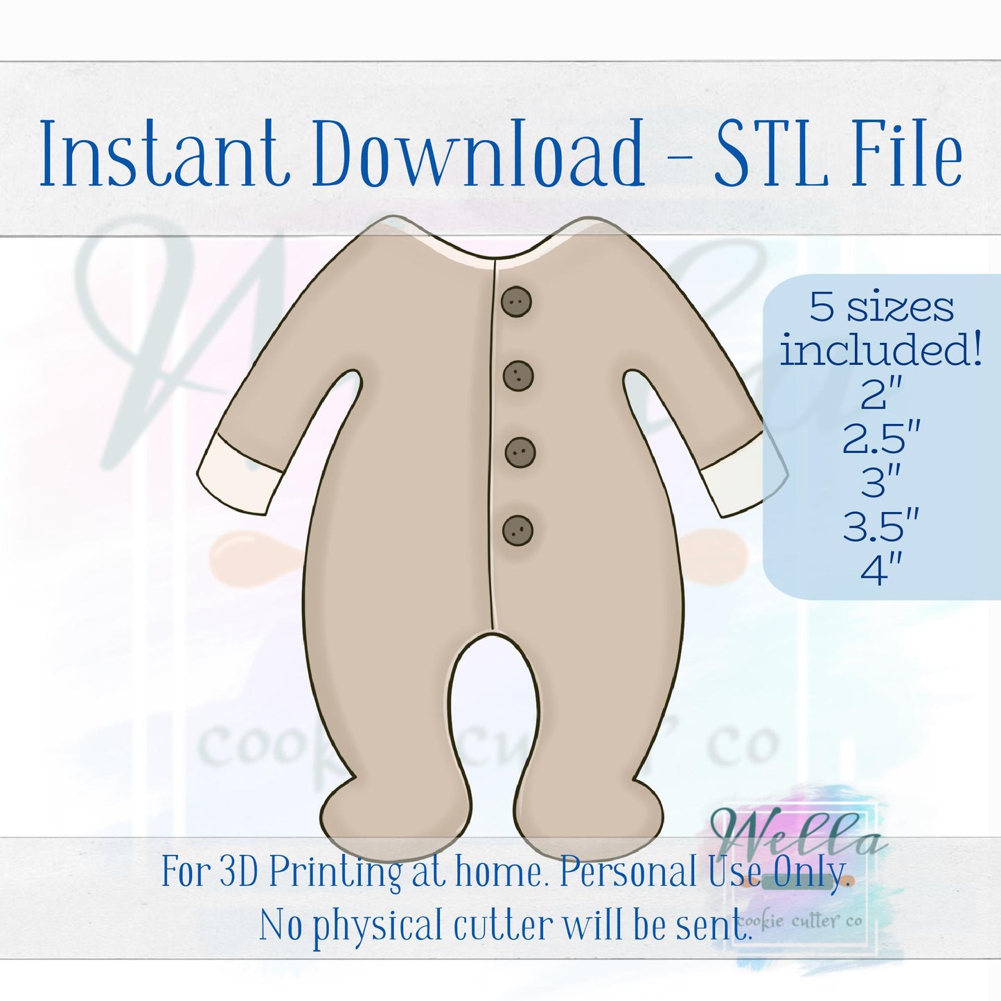 Digital STL File - Baby PJ's Cookie Cutter - 5 Sizes Included 2" 2.5" 3" 3.5" & 4"