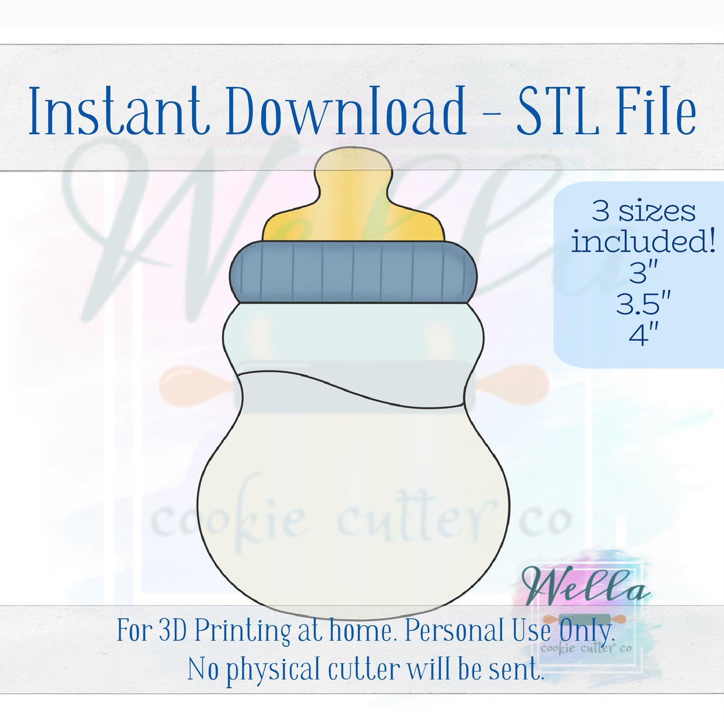 Digital STL File - Baby Bottle Curvy - 3 Sizes: 3" 3.5" & 4"