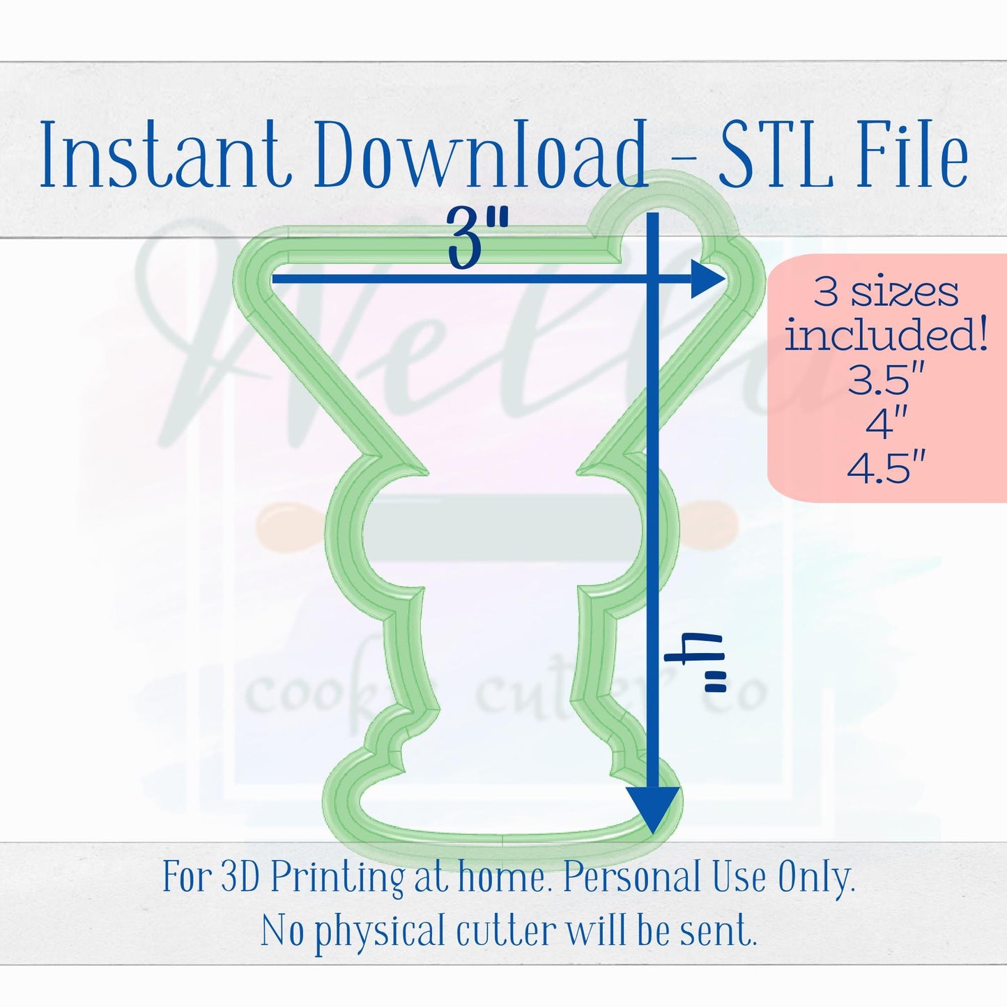 Digital STL File - Olive Martini with Bow Cookie Cutter - 3 Sizes: 3.5" 4" & 4.5"