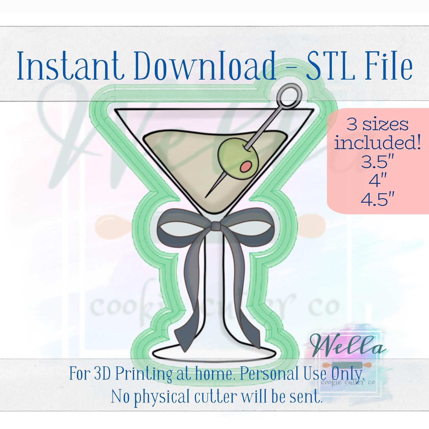 Digital STL File - Olive Martini with Bow Cookie Cutter - 3 Sizes: 3.5" 4" & 4.5"