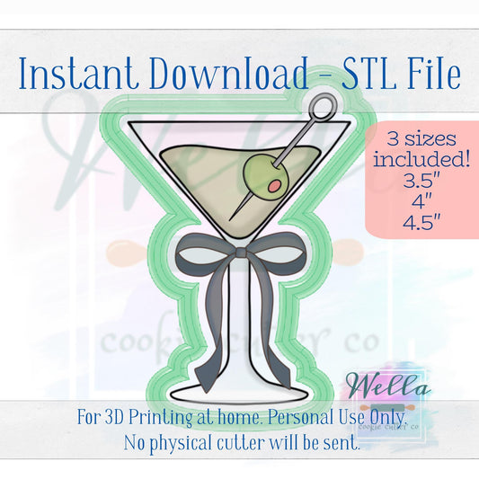 Digital STL File - Olive Martini with Bow Cookie Cutter - 3 Sizes: 3.5" 4" & 4.5"