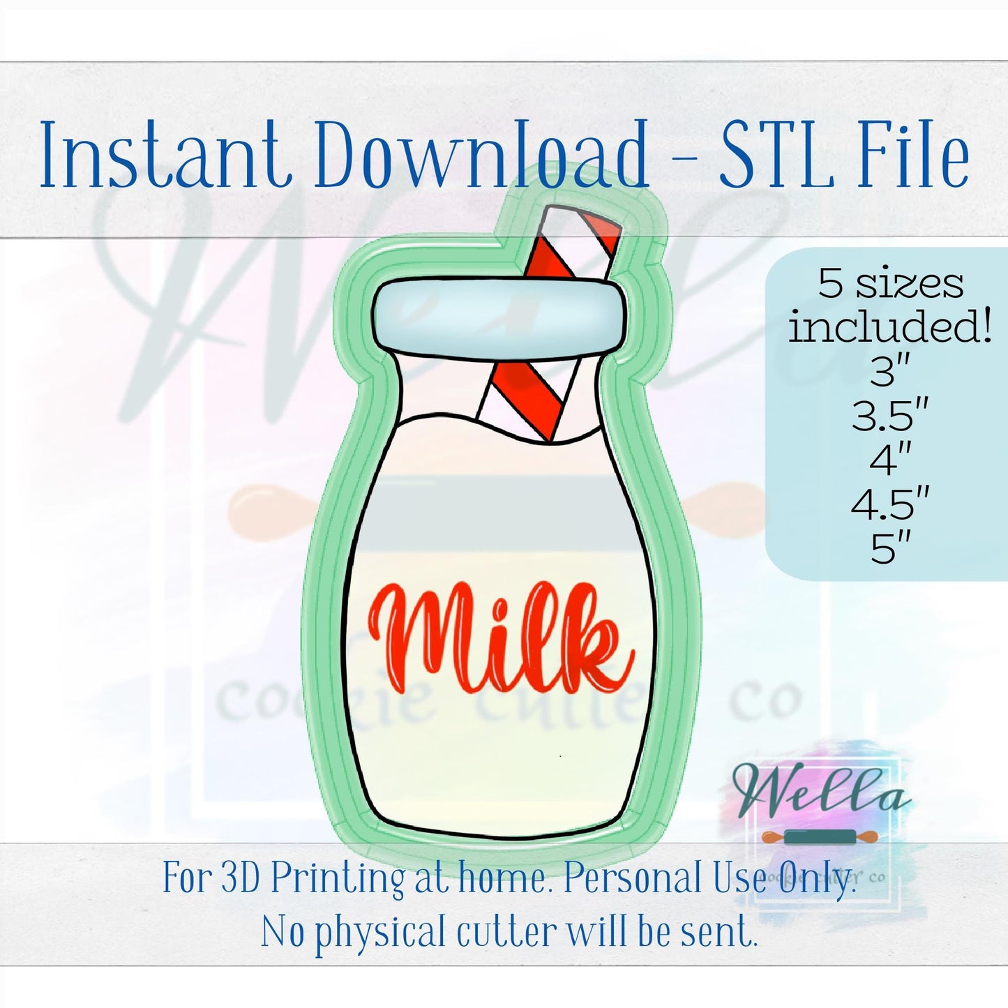 Digital STL File - Milk with Straw Cookie Cutter- 5 Sizes 3" 3.5" 4" 4.5" and 5"