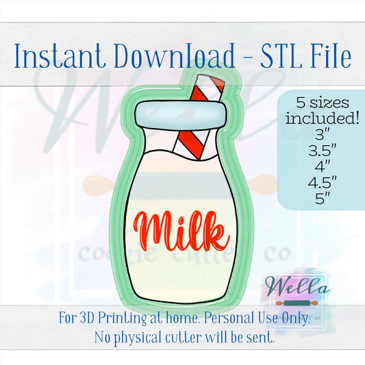 Digital STL File - Milk with Straw Cookie Cutter- 5 Sizes 3" 3.5" 4" 4.5" and 5"