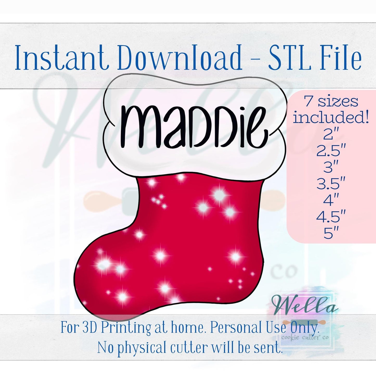 Digital STL File - Christmas Stocking Chubby Cookie Cutter - 7 Sizes Included