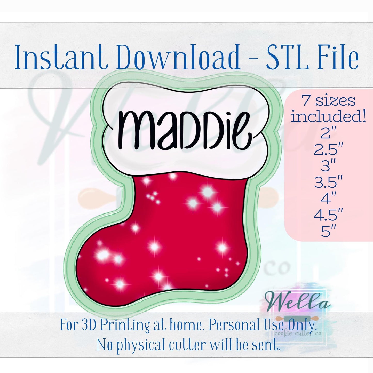 Digital STL File - Christmas Stocking Chubby Cookie Cutter - 7 Sizes Included