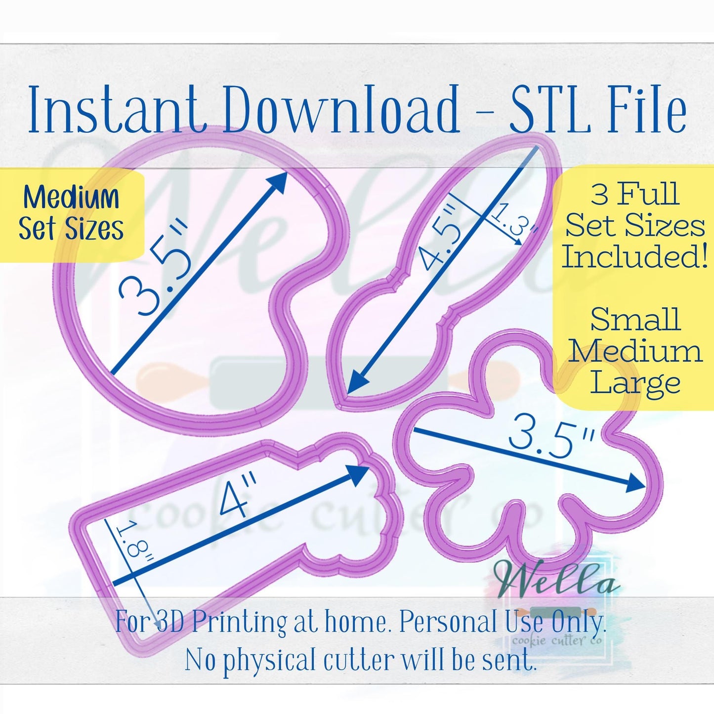 Digital STL File - Paint Set Cookie Cutters - Set of 4 Cutters - 3 Full Set Sizes Included