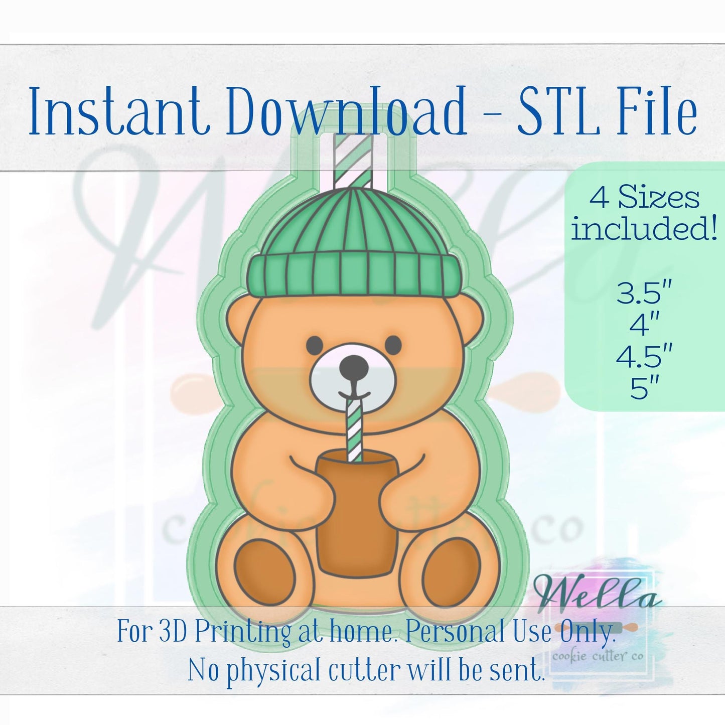 Digital STL File - Bear Coffee Drink Cookie Cutter - 4 Sizes Included 3.5" 4" 4.5" & 5"