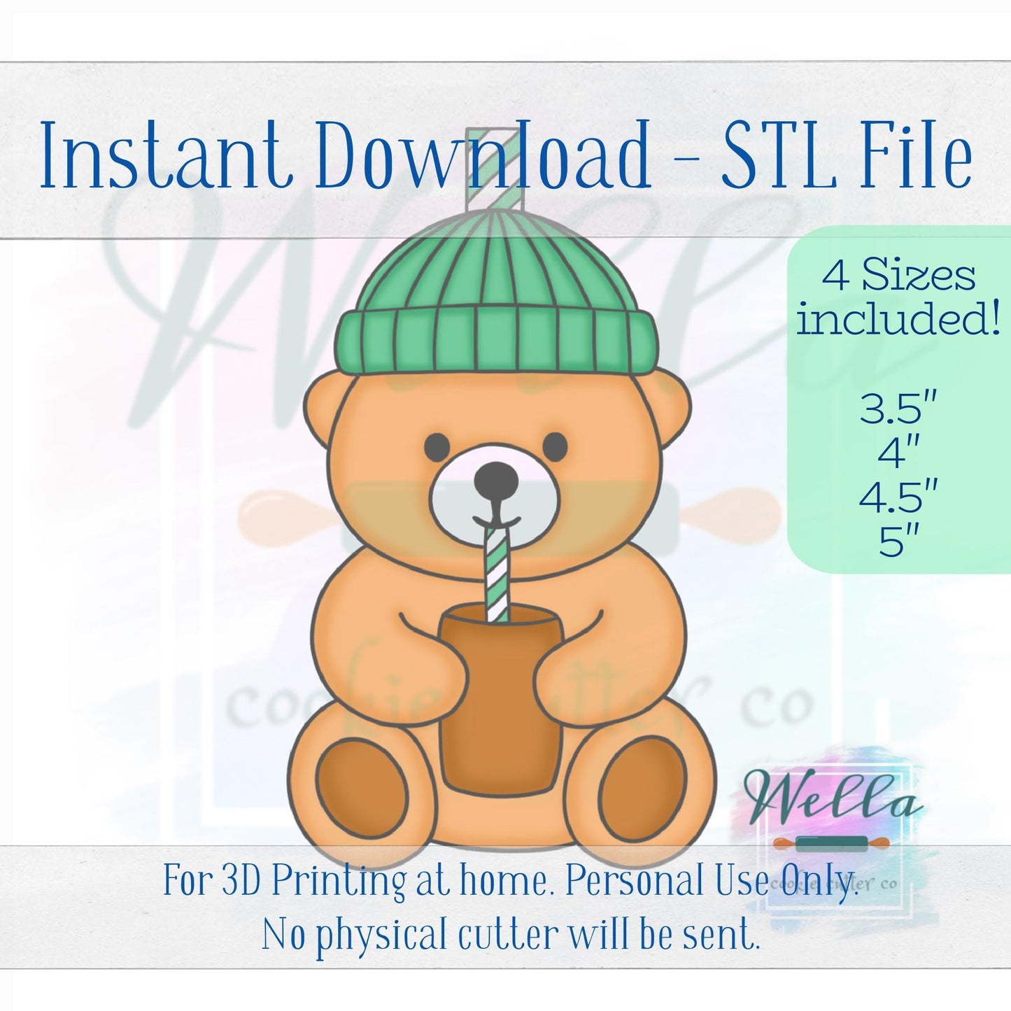 Digital STL File - Bear Coffee Drink Cookie Cutter - 4 Sizes Included 3.5" 4" 4.5" & 5"