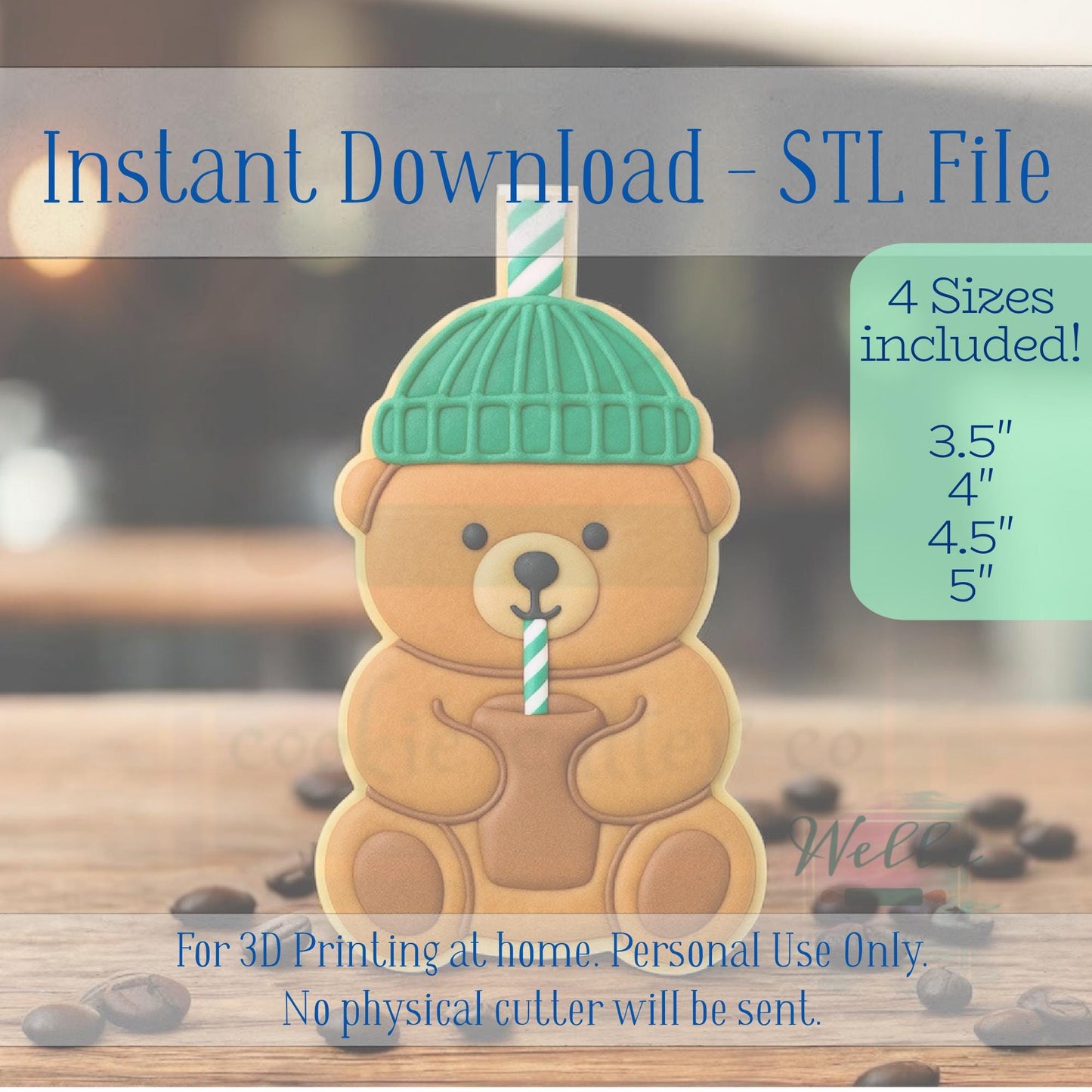 Digital STL File - Bear Coffee Drink Cookie Cutter - 4 Sizes Included 3.5" 4" 4.5" & 5"