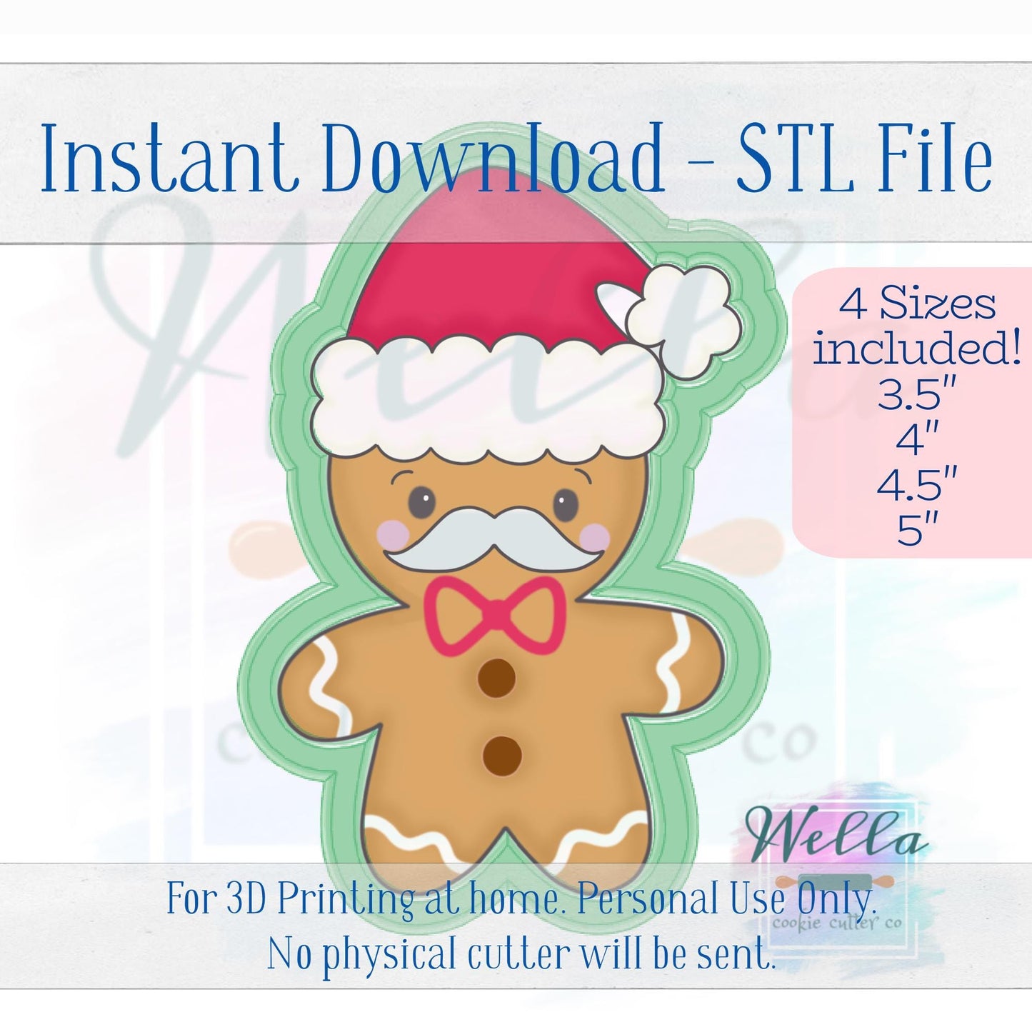 Digital STL File - Gingerbread Man with Santa Hat Cookie Cutter - 4 Sizes Included