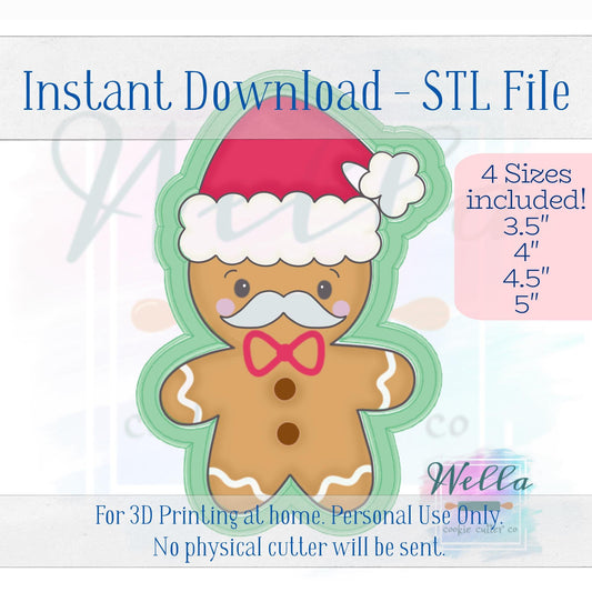 Digital STL File - Gingerbread Man with Santa Hat Cookie Cutter - 4 Sizes Included