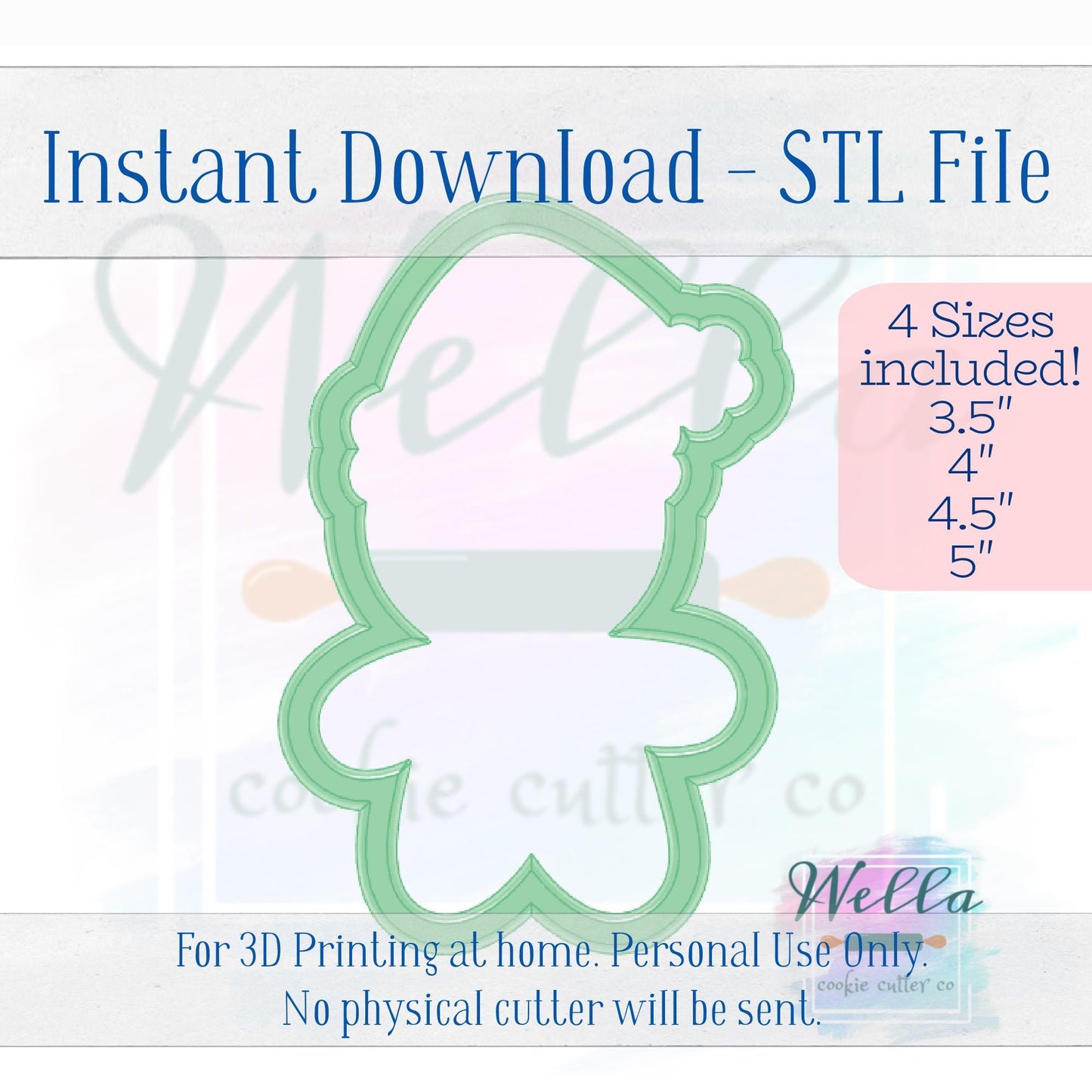 Digital STL File - Gingerbread Man with Santa Hat Cookie Cutter - 4 Sizes Included