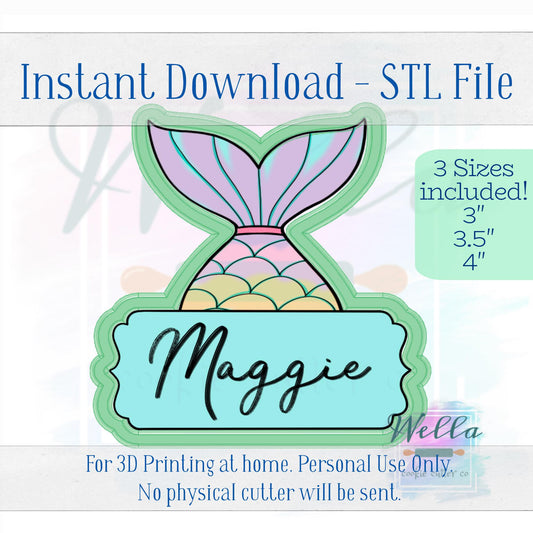 Digital STL File - Mermaid Tail Plaque Cookie Cutter - 3 Sizes Included