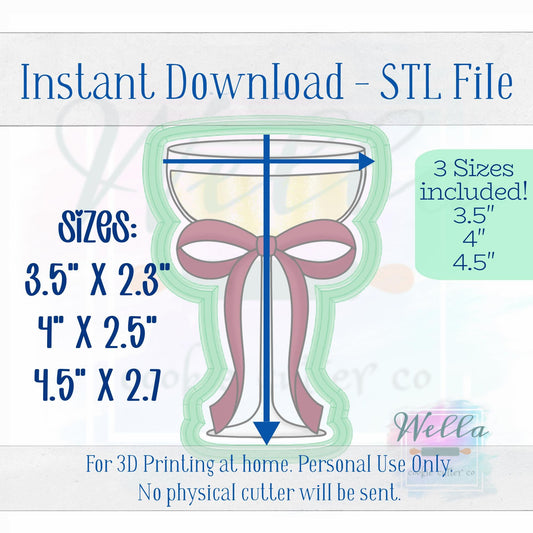 Digital STL File - Wide Wine Glass with Bow Cookie Cutter - 3 Sizes: 3.5" 4" & 4.5"