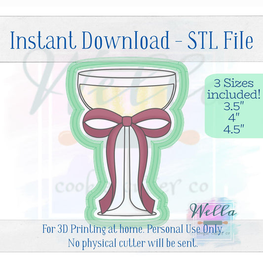 Digital STL File - Wide Wine Glass with Bow Cookie Cutter - 3 Sizes: 3.5" 4" & 4.5"