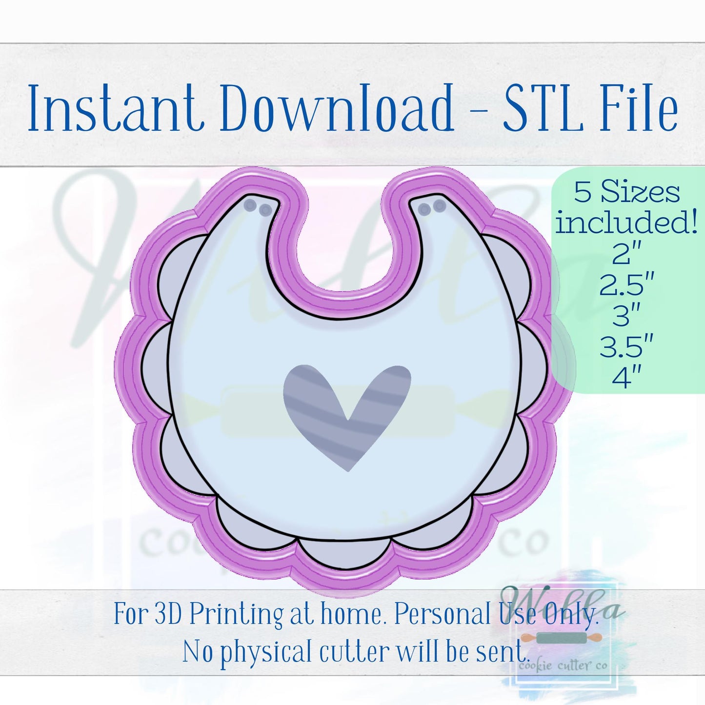 Digital STL File - Baby Bib with Scalloped Edges Cookie Cutter - 5 Sizes Included