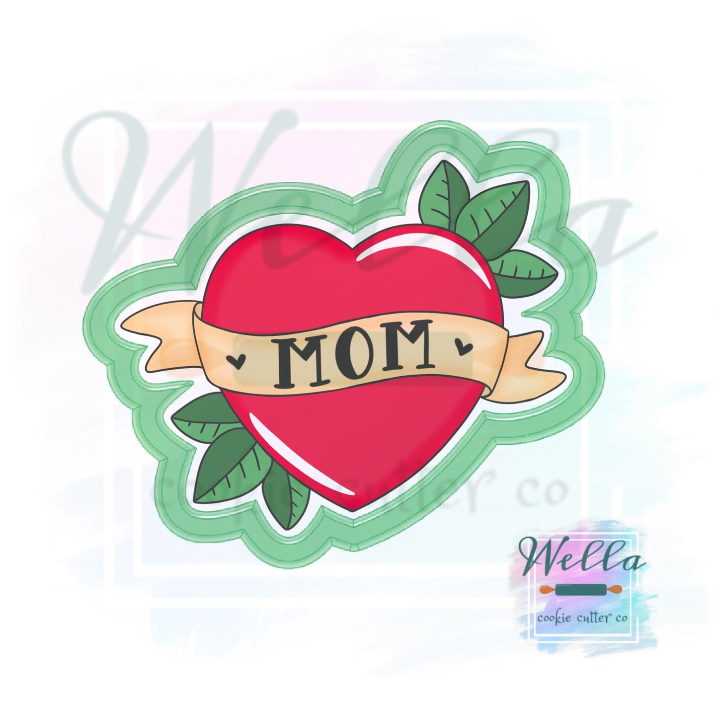 Mom Heart Tattoo Cookie Cutter with Optional Stencil Guide