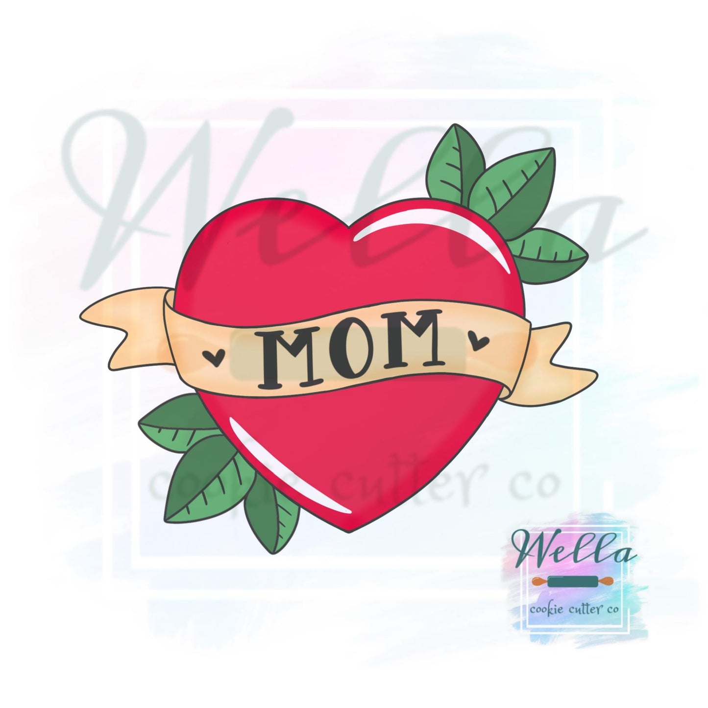 Mom Heart Tattoo Cookie Cutter with Optional Stencil Guide
