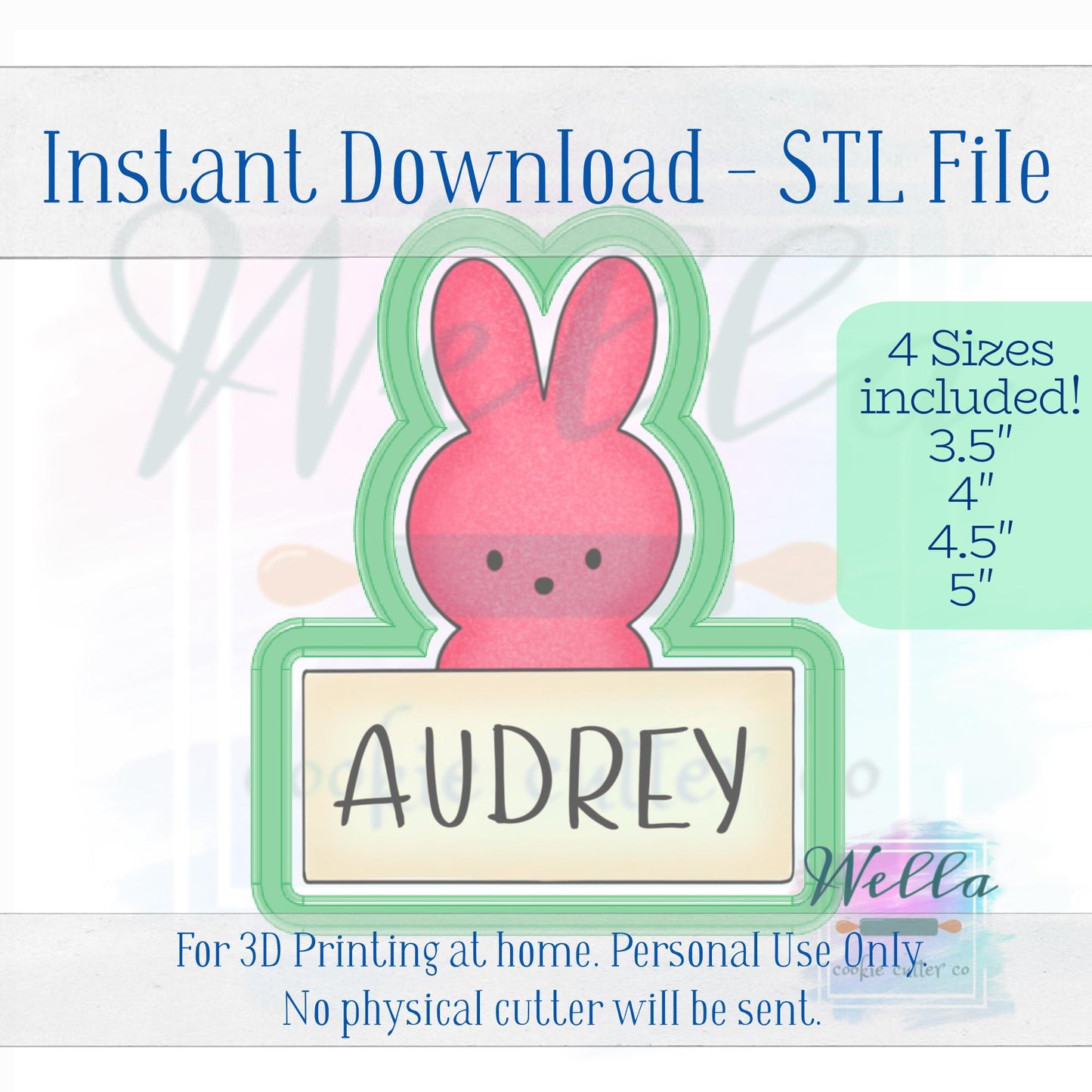 Digital STL File - Marshmallow Bunny Name Plaque #2 Cookie Cutter - 4 Sizes