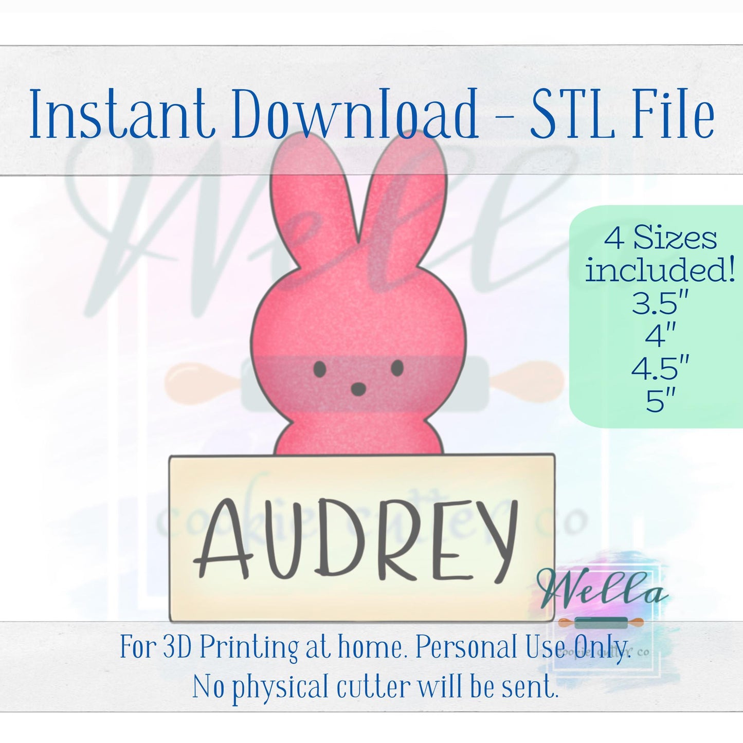 Digital STL File - Marshmallow Bunny Name Plaque #2 Cookie Cutter - 4 Sizes