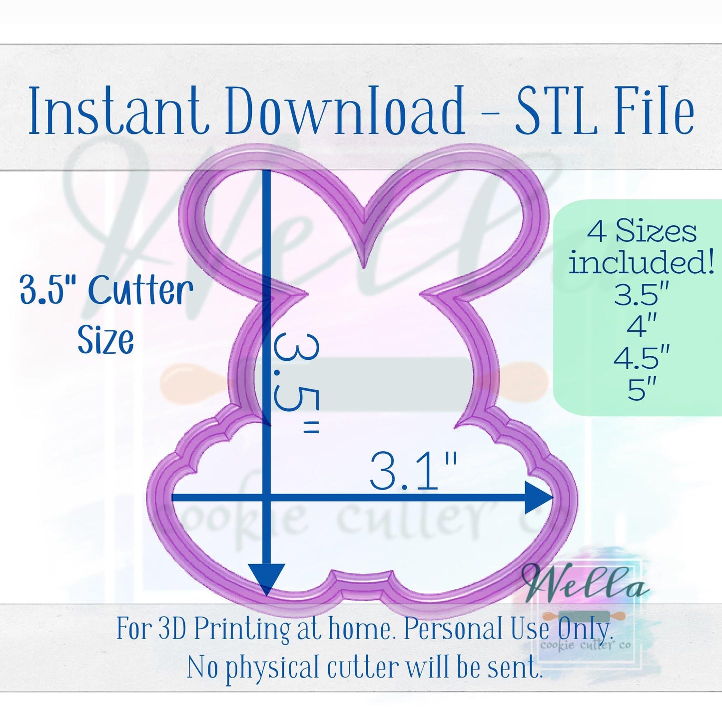 Digital STL File - Bunny Big Feet #1 Cookie Cutter - 4 Sizes