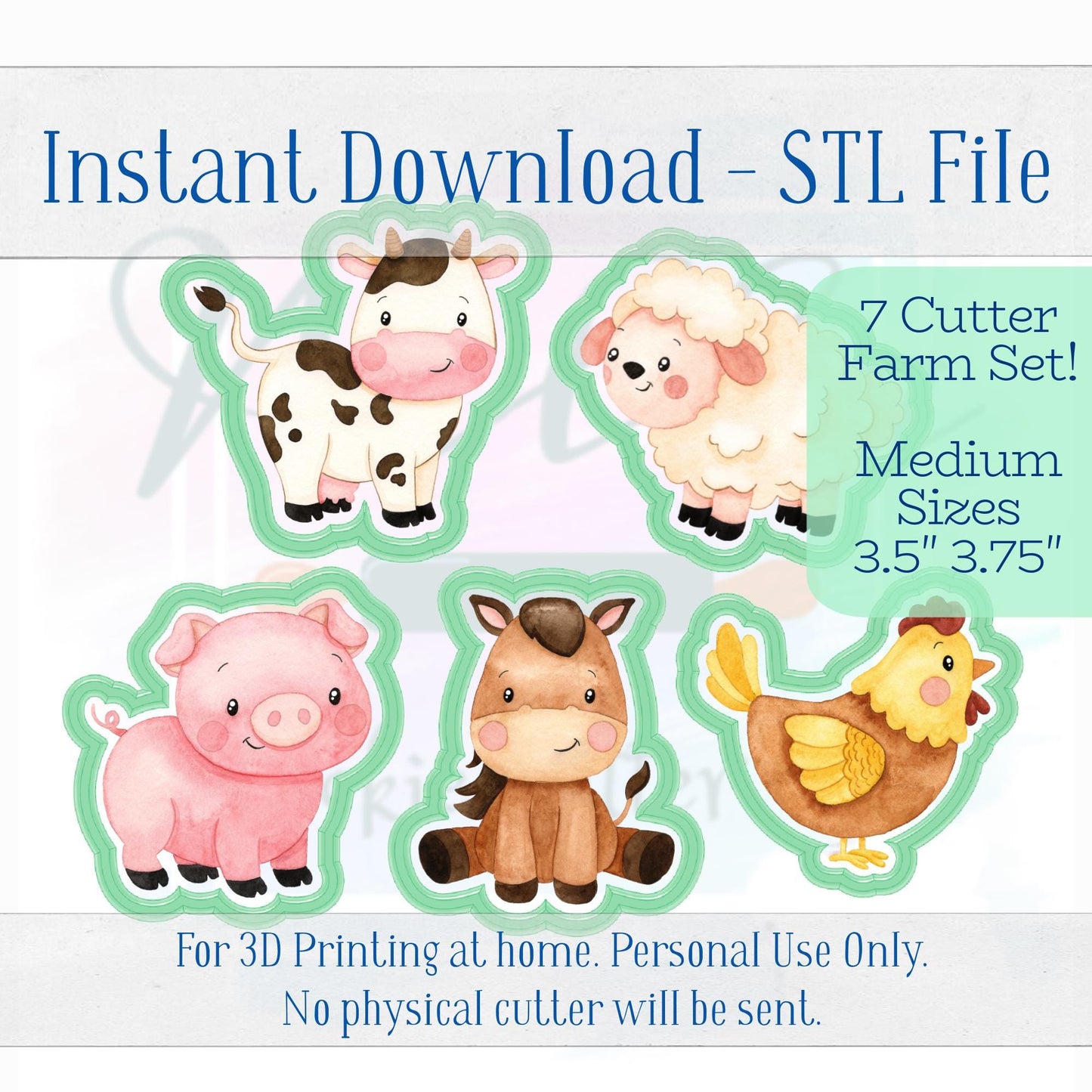 Digital STL File - Farm Set Cookie Cutters, Set of 7 - Medium Sizes 3.5"