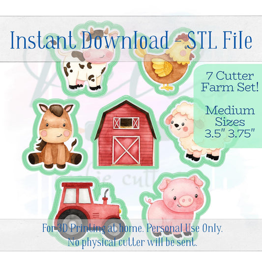 Digital STL File - Farm Set Cookie Cutters, Set of 7 - Medium Sizes 3.5"