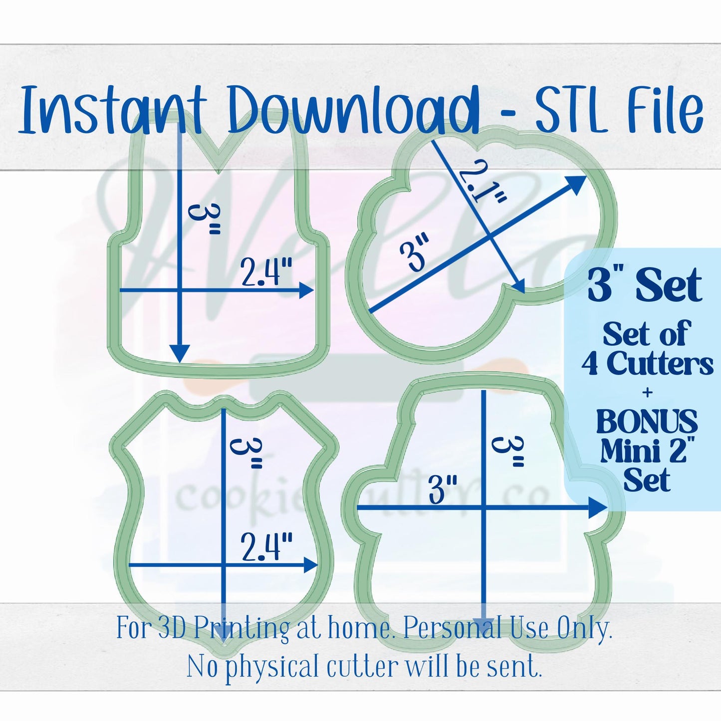 Digital STL File - 3" Police Set Cookie Cutters - Set of 4 Cutters + BONUS 2" Mini's