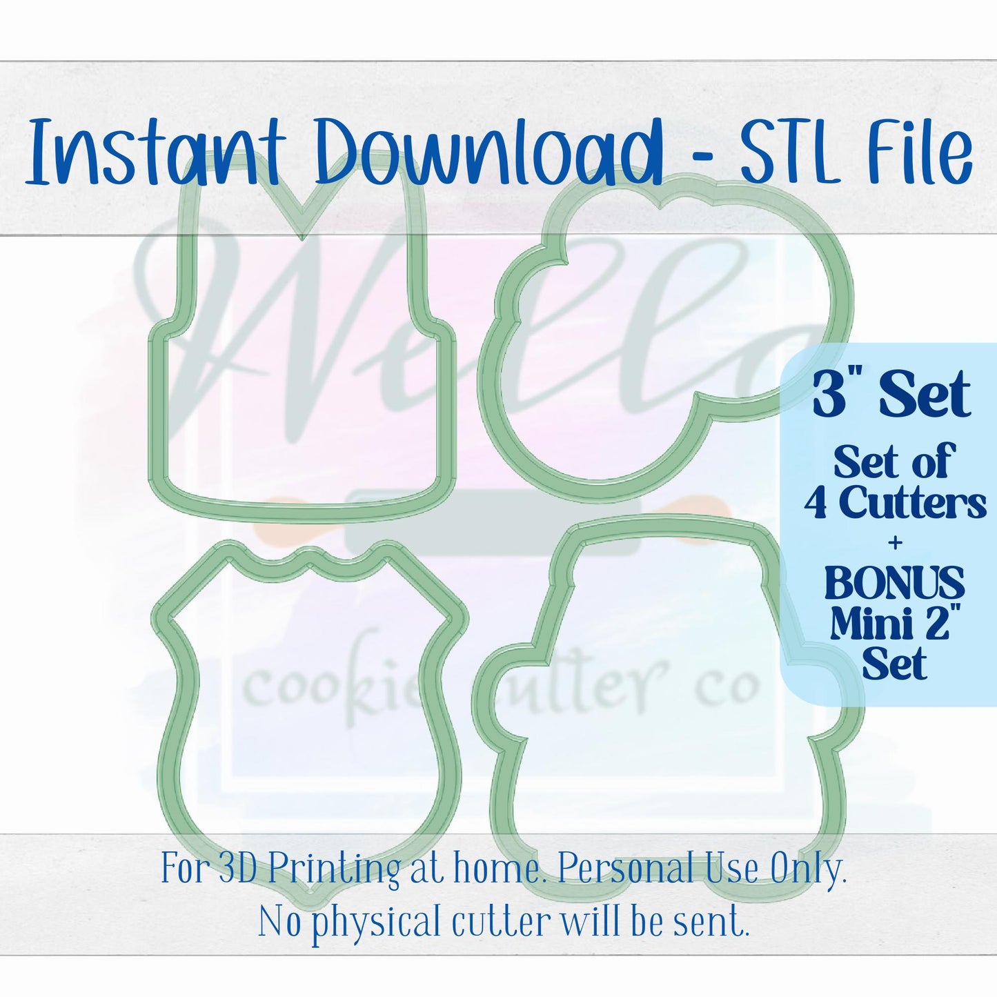 Digital STL File - 3" Police Set Cookie Cutters - Set of 4 Cutters + BONUS 2" Mini's