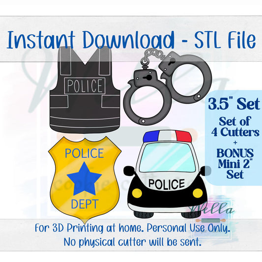Digital STL File - 3.5" Police Set Cookie Cutters - Set of 4 Cutters + BONUS 2" Mini's