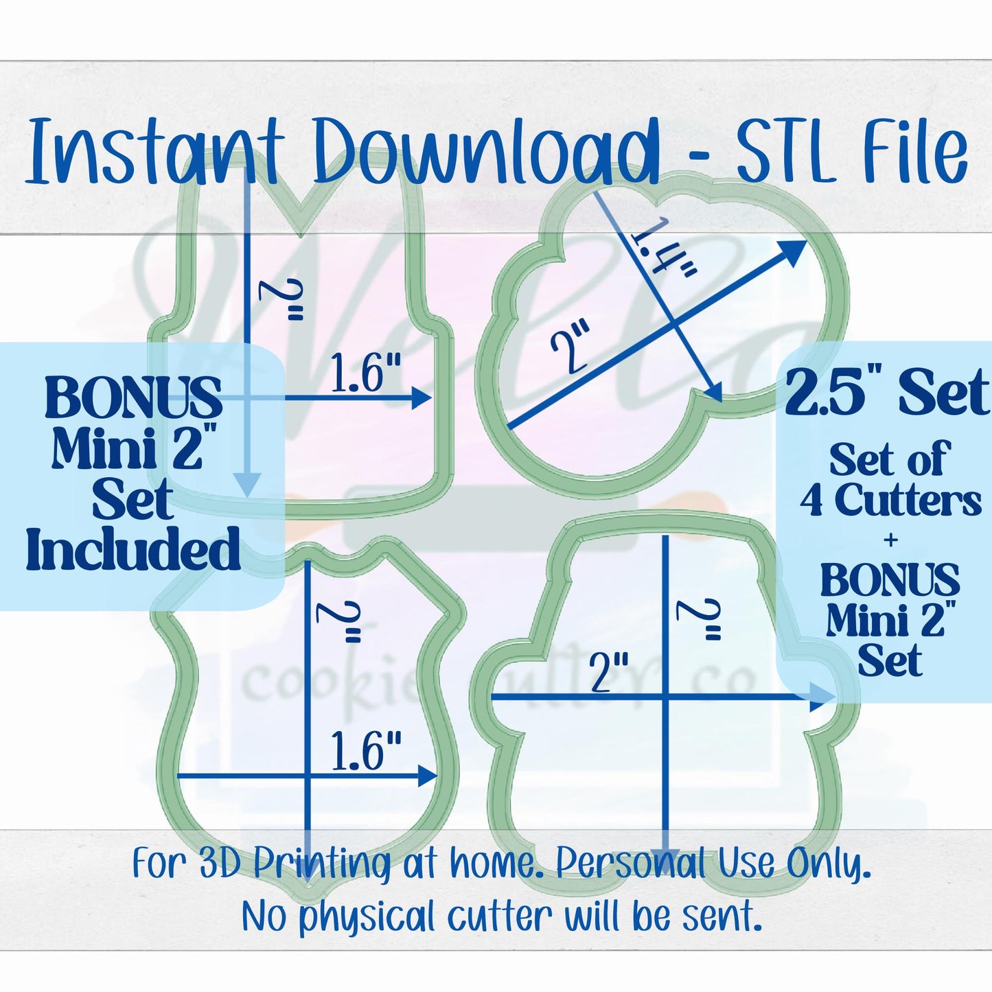 Digital STL File - 2.5" Police Set Cookie Cutters - Set of 4 Cutters + BONUS 2" Mini's