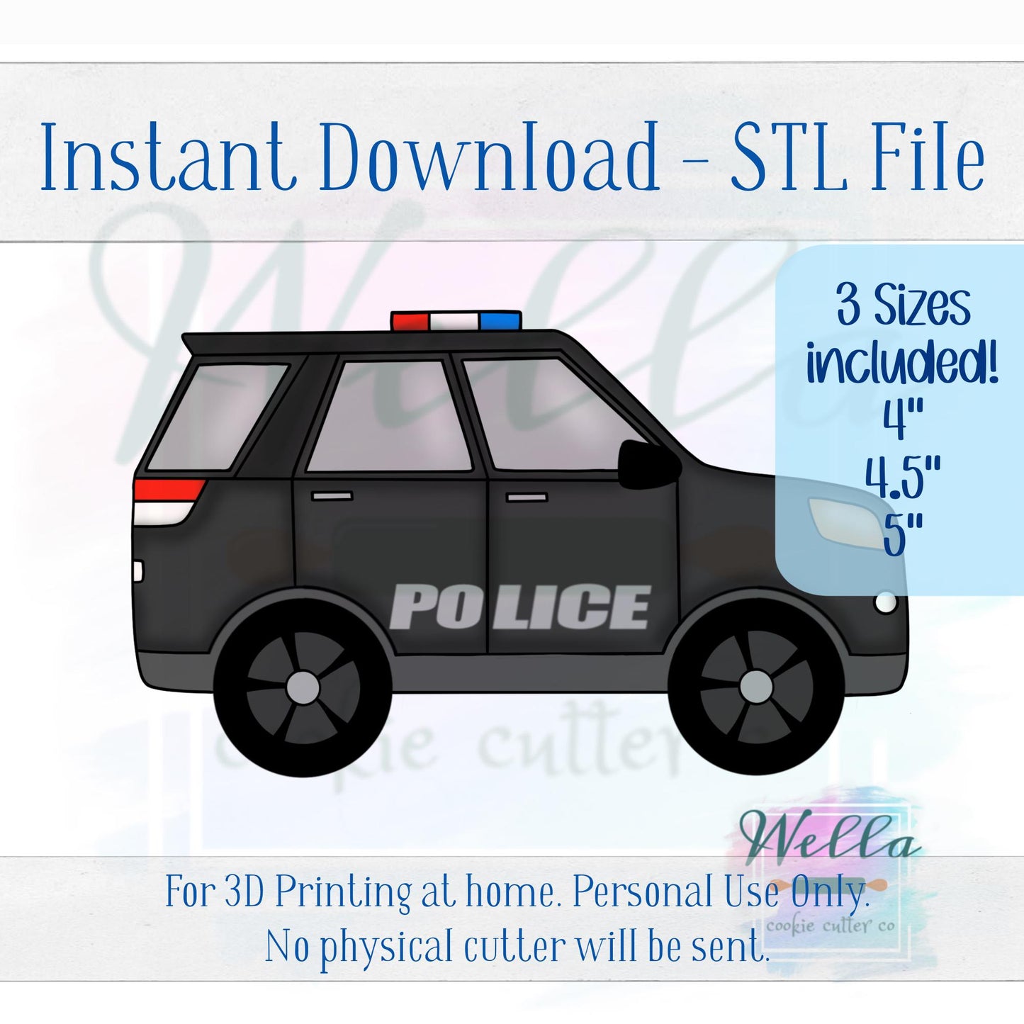 Digital STL File - Police SUV Cookie Cutter - 3 Sizes