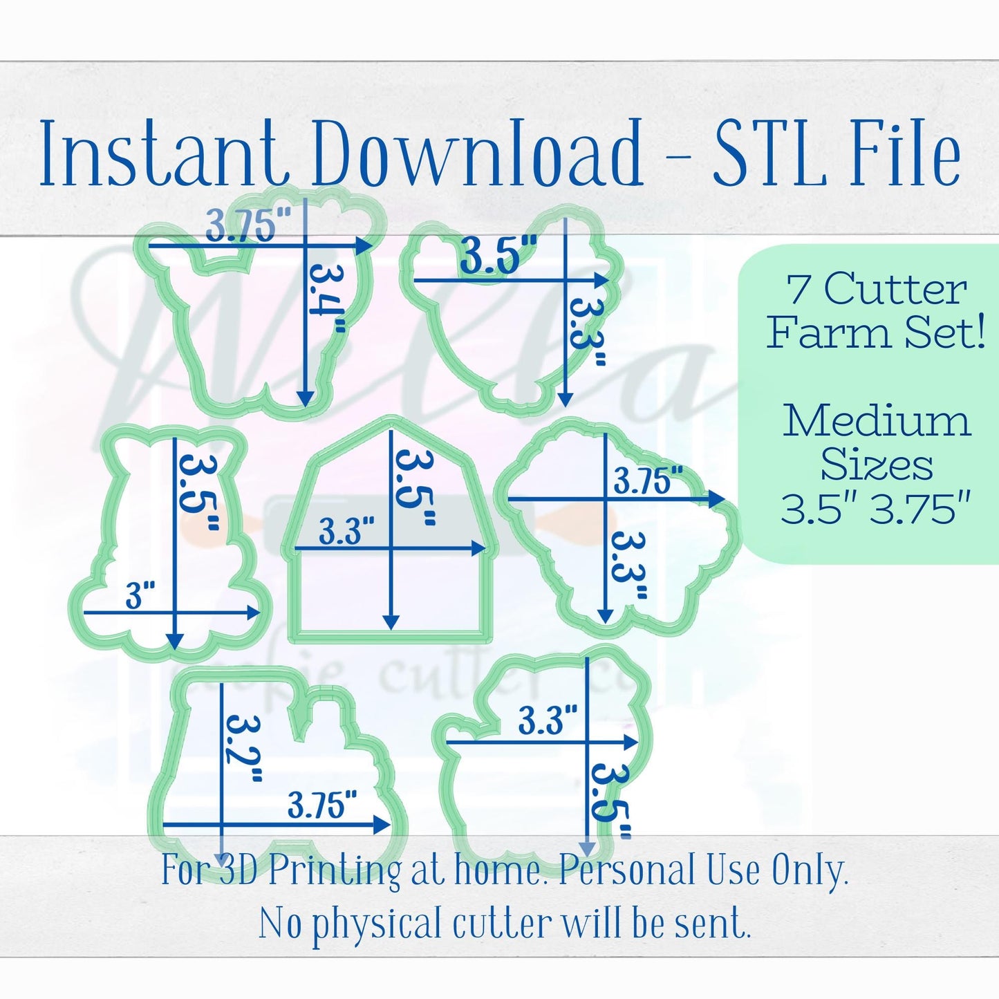 Digital STL File - Farm Set Cookie Cutters, Set of 7 - Medium Sizes 3.5"