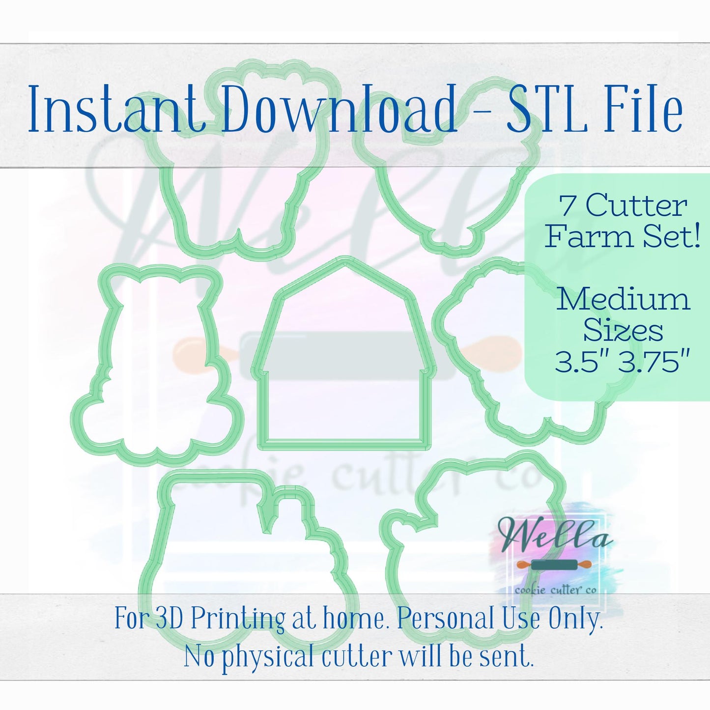 Digital STL File - Farm Set Cookie Cutters, Set of 7 - Medium Sizes 3.5"