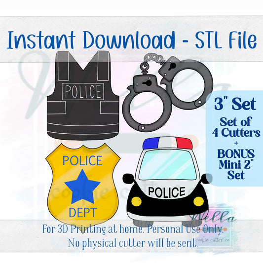 Digital STL File - 3" Police Set Cookie Cutters - Set of 4 Cutters + BONUS 2" Mini's
