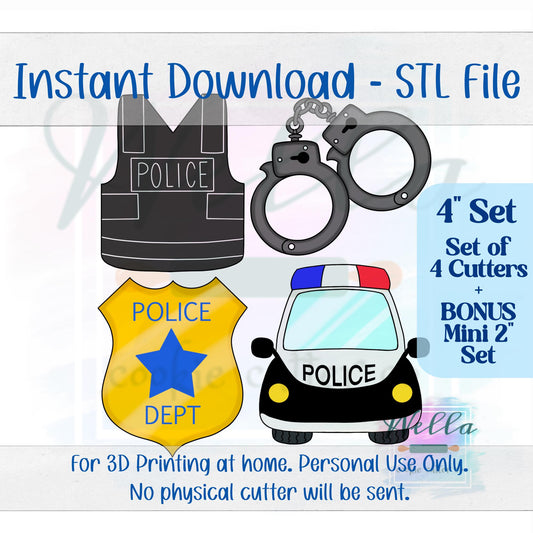 Digital STL File - 4" Police Set Cookie Cutters - Set of 4 Cutters + BONUS 2" Mini's