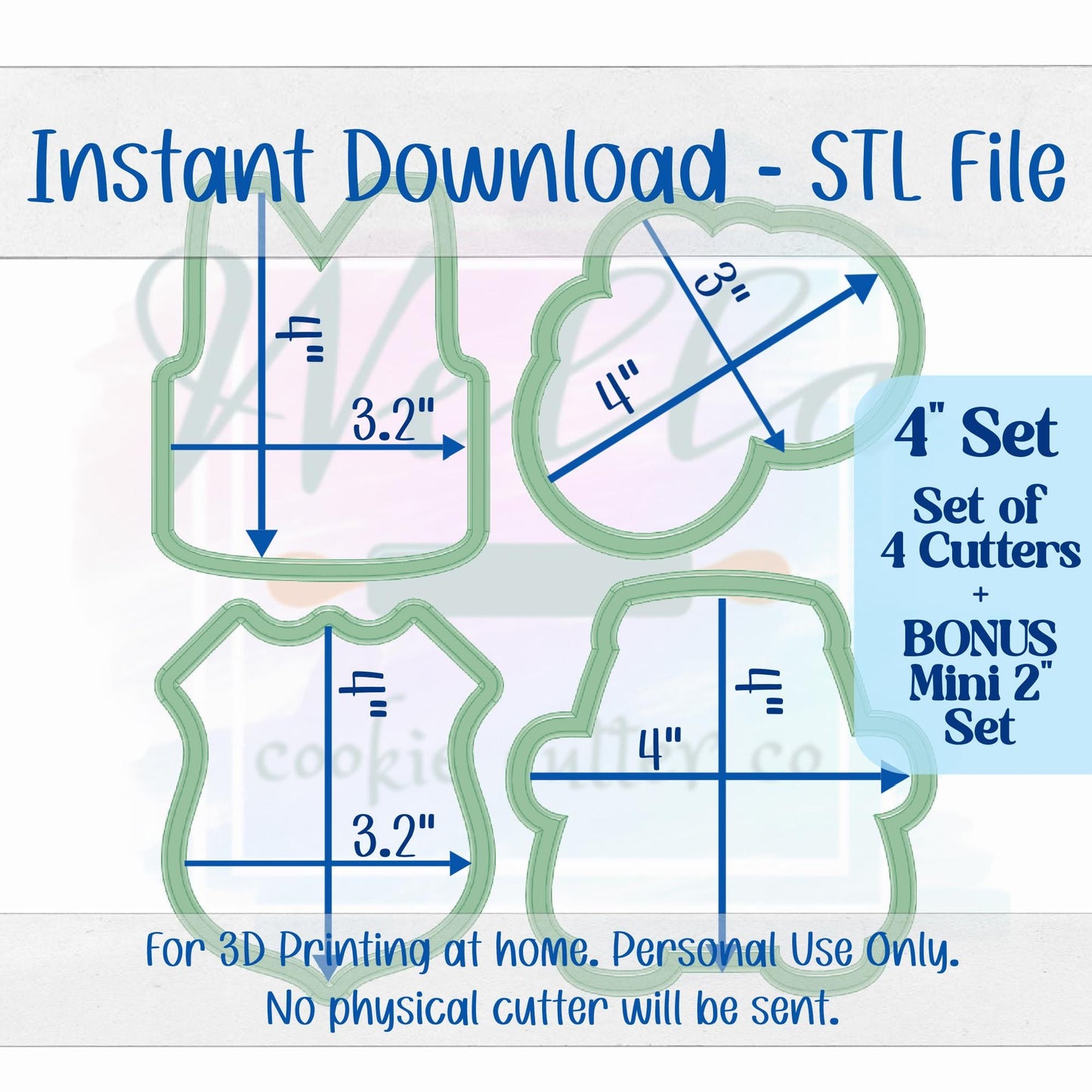 Digital STL File - 4" Police Set Cookie Cutters - Set of 4 Cutters + BONUS 2" Mini's