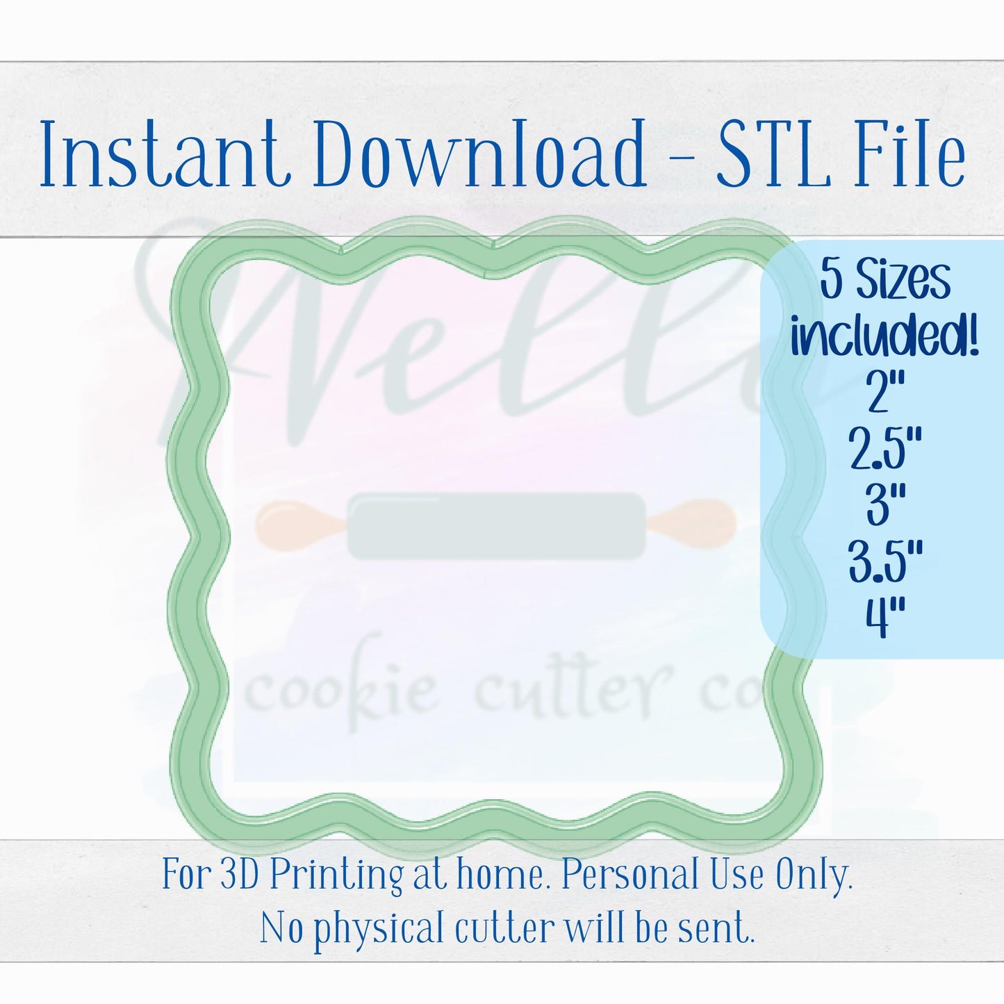 Digital STL File - Wavy Square Cookie Cutter - 5 Sizes Included