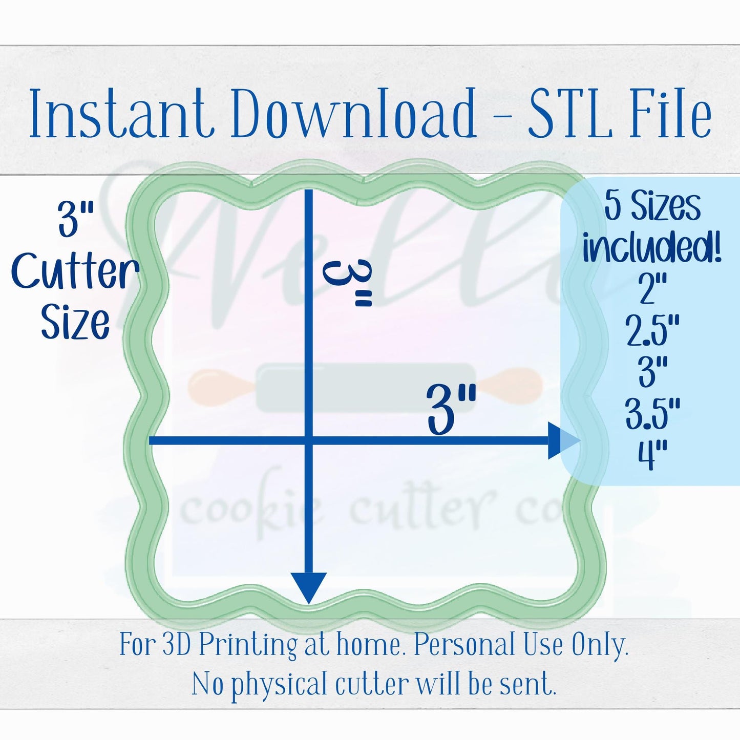 Digital STL File - Wavy Square Cookie Cutter - 5 Sizes Included