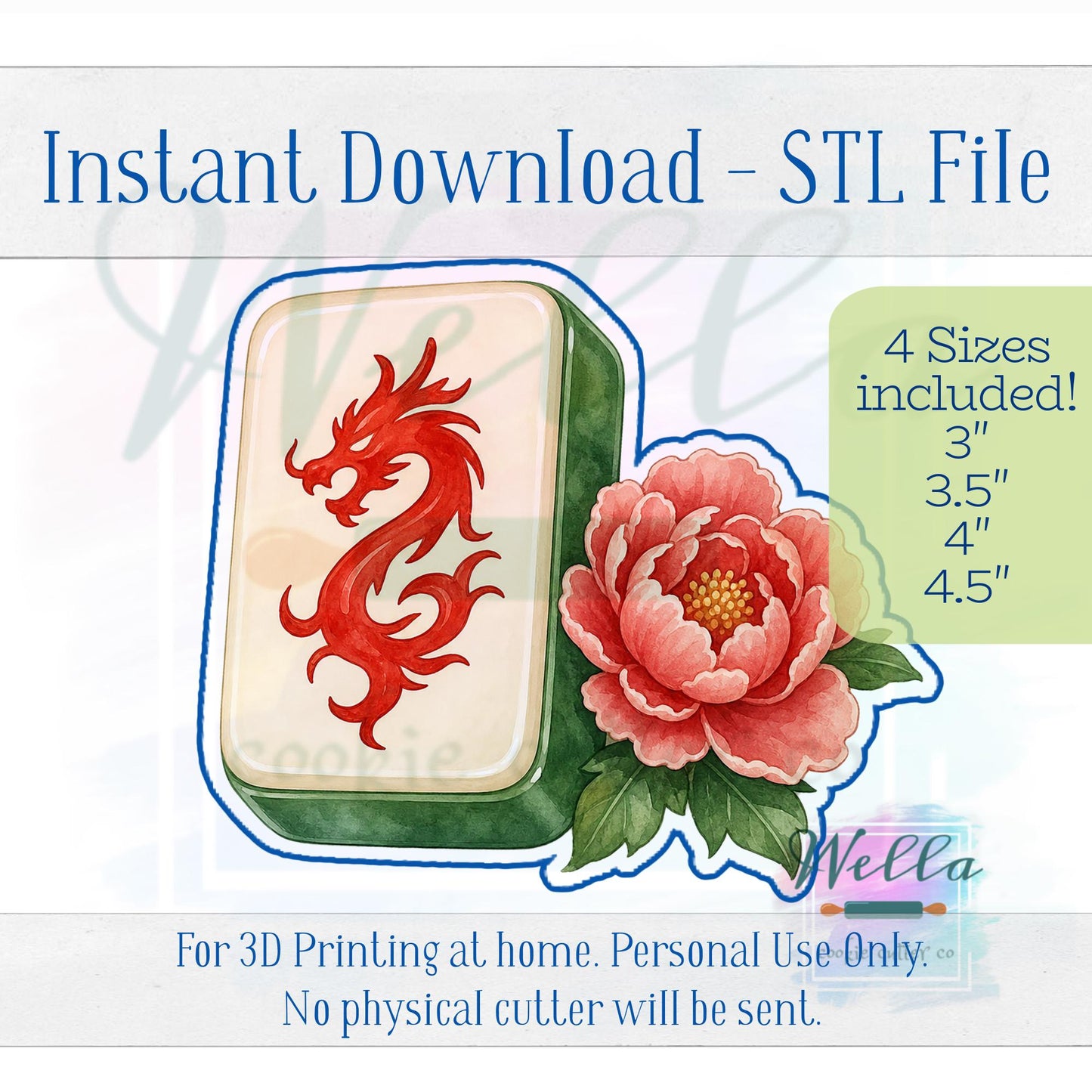 Digital STL File - Mahjong Tile with Floral Cookie Cutter - 4 Sizes Included