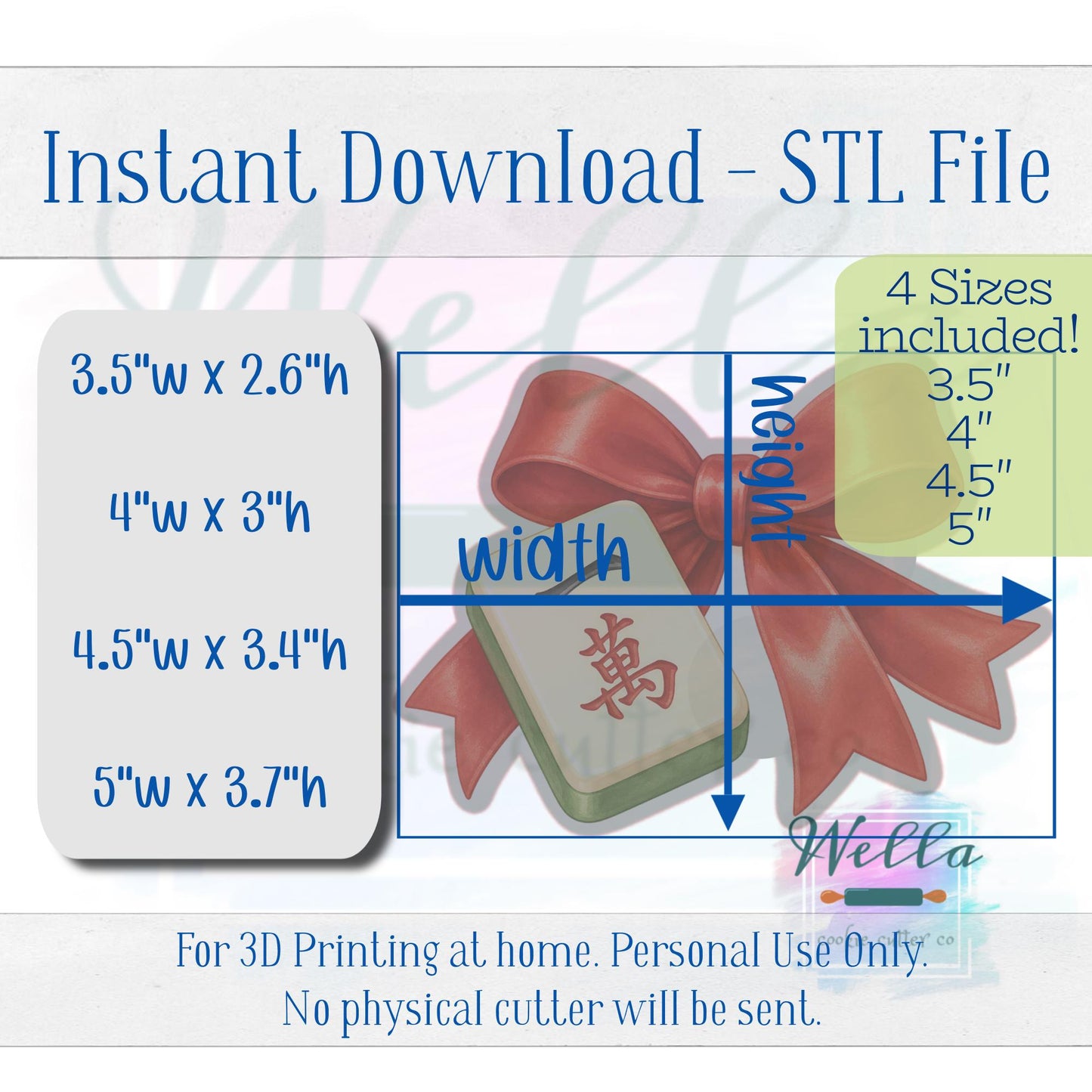 Digital STL File - Mahjong Tile with Bow Cookie Cutter - 4 Sizes Included