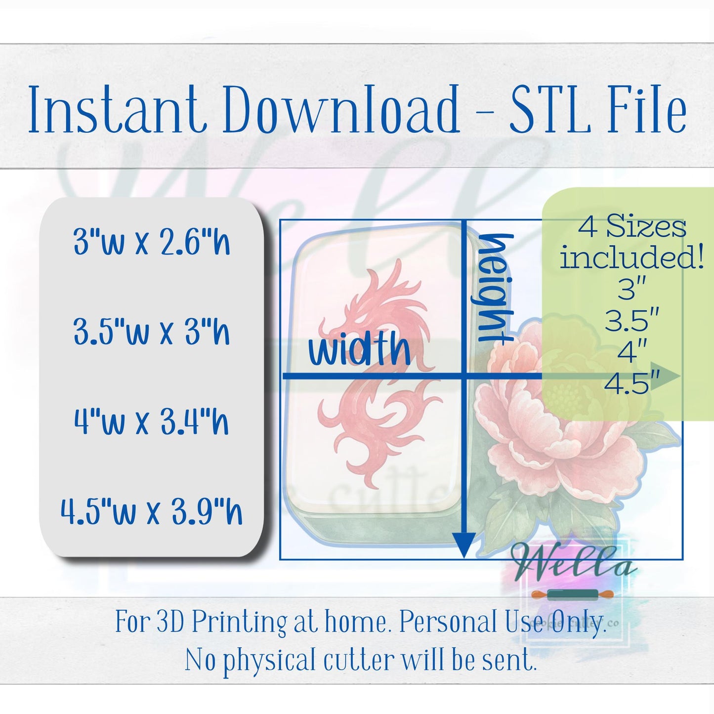 Digital STL File - Mahjong Tile with Floral Cookie Cutter - 4 Sizes Included