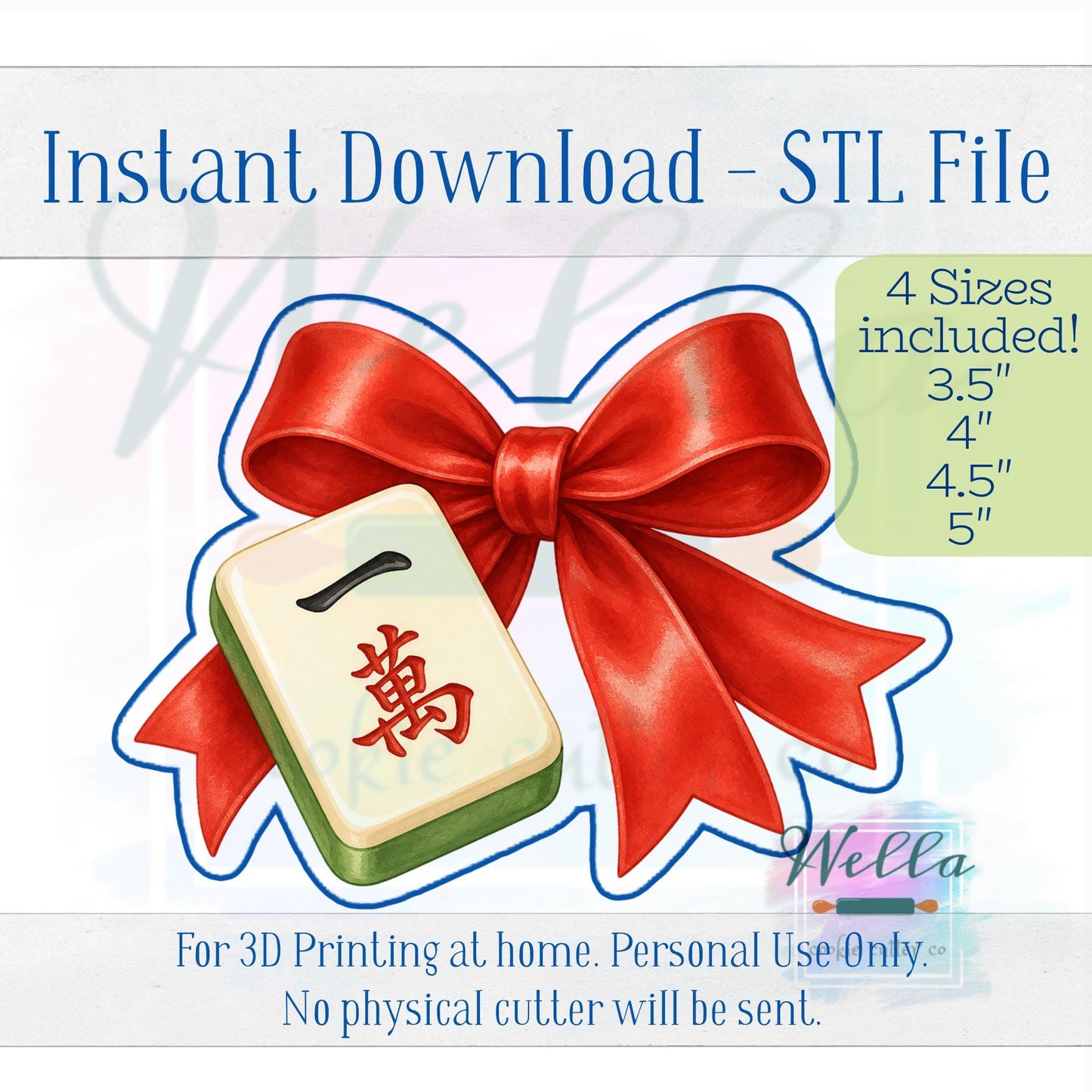 Digital STL File - Mahjong Tile with Bow Cookie Cutter - 4 Sizes Included