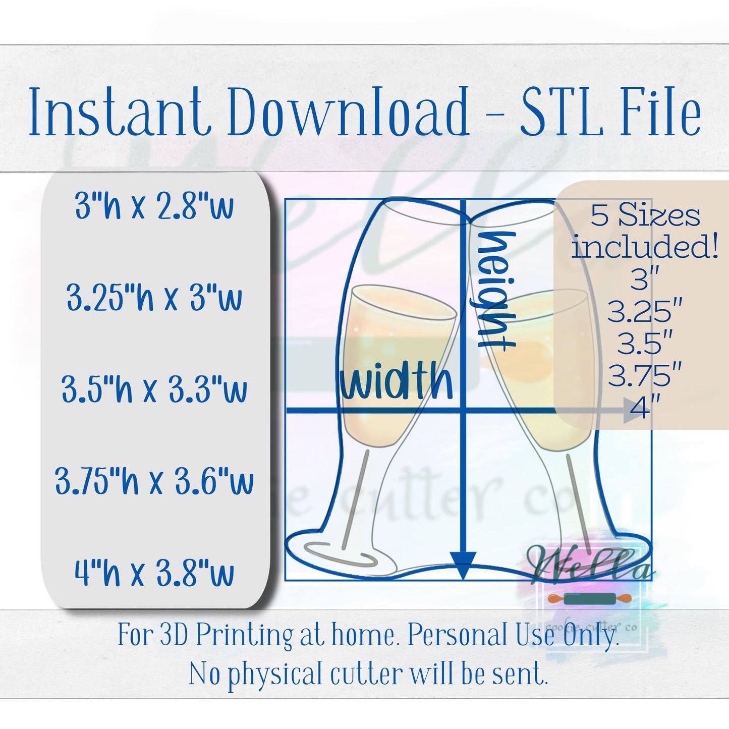 Digital STL File - Champagne Glasses Cookie Cutter - 5 Sizes