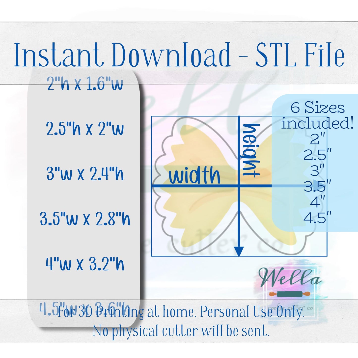 Digital STL File - Bowtie Pasta Cookie Cutter - 6 Sizes