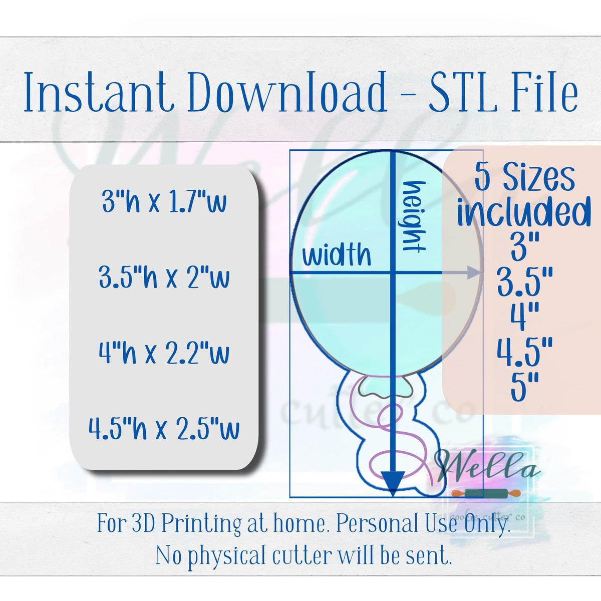 Digital STL File - Balloon with String Cookie Cutter - 5 Sizes Included