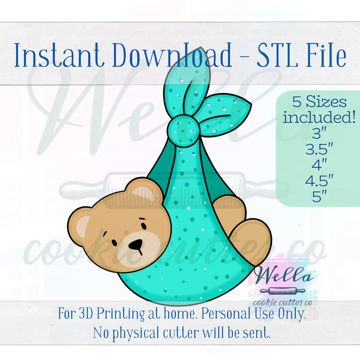 Digital STL File - Bear Hanging in Blanket Cookie Cutter - 5 Sizes