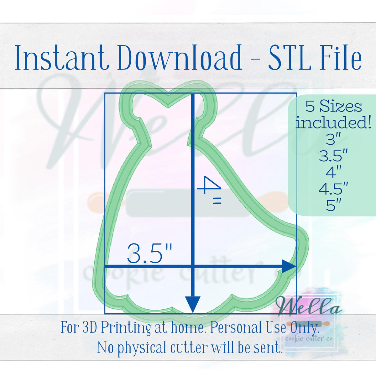 Digital STL File - Christmas Ballgown Dress - 5 Sizes